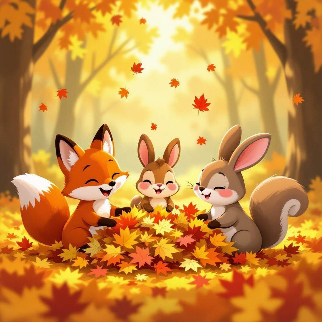 Adorable Cartoon Animals Play in Autumn Leaves