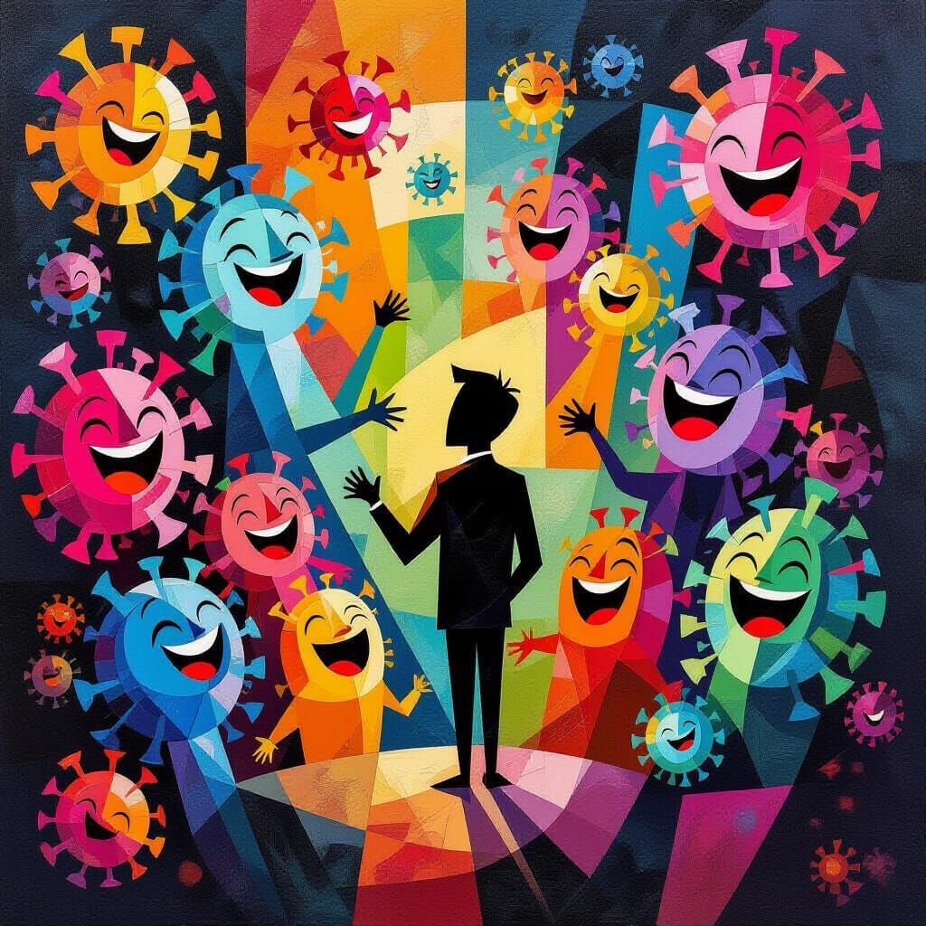 Whimsical Microbes Laughing in Cubist Style