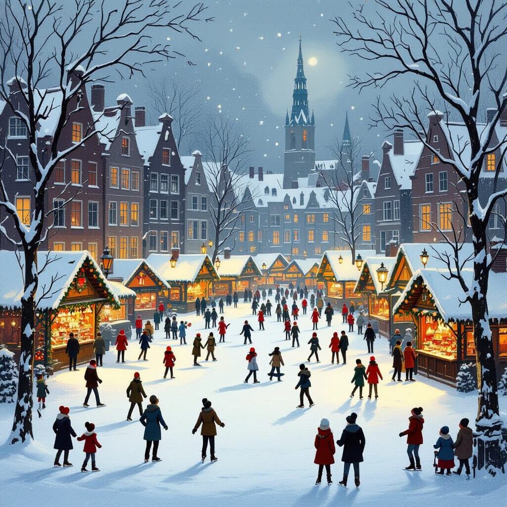 Anton Pieck Style Winter Scene with Ice Rink and Market