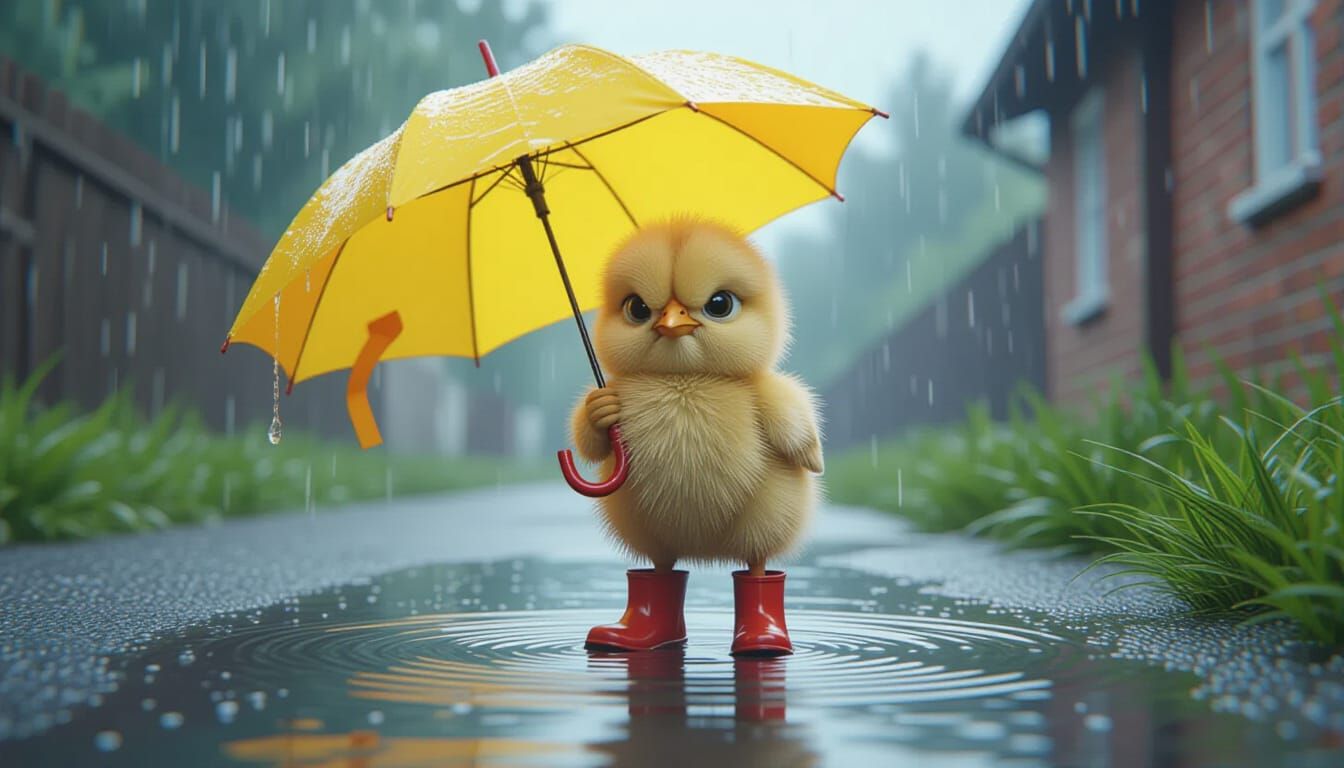 Frustrated Chick in Rain with Red Boots