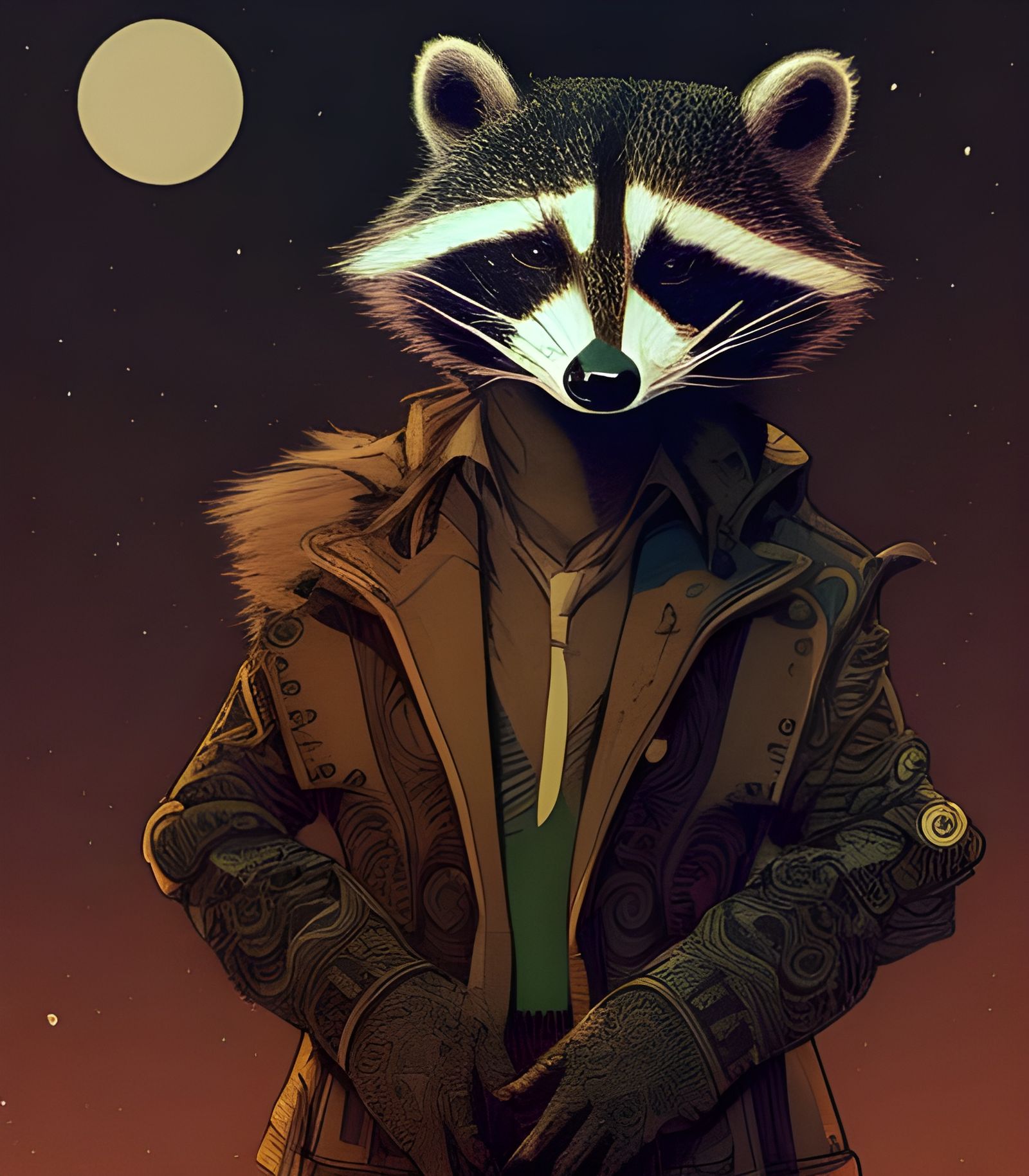 Elegant Trickster Raccoon God in Digital Painting Style