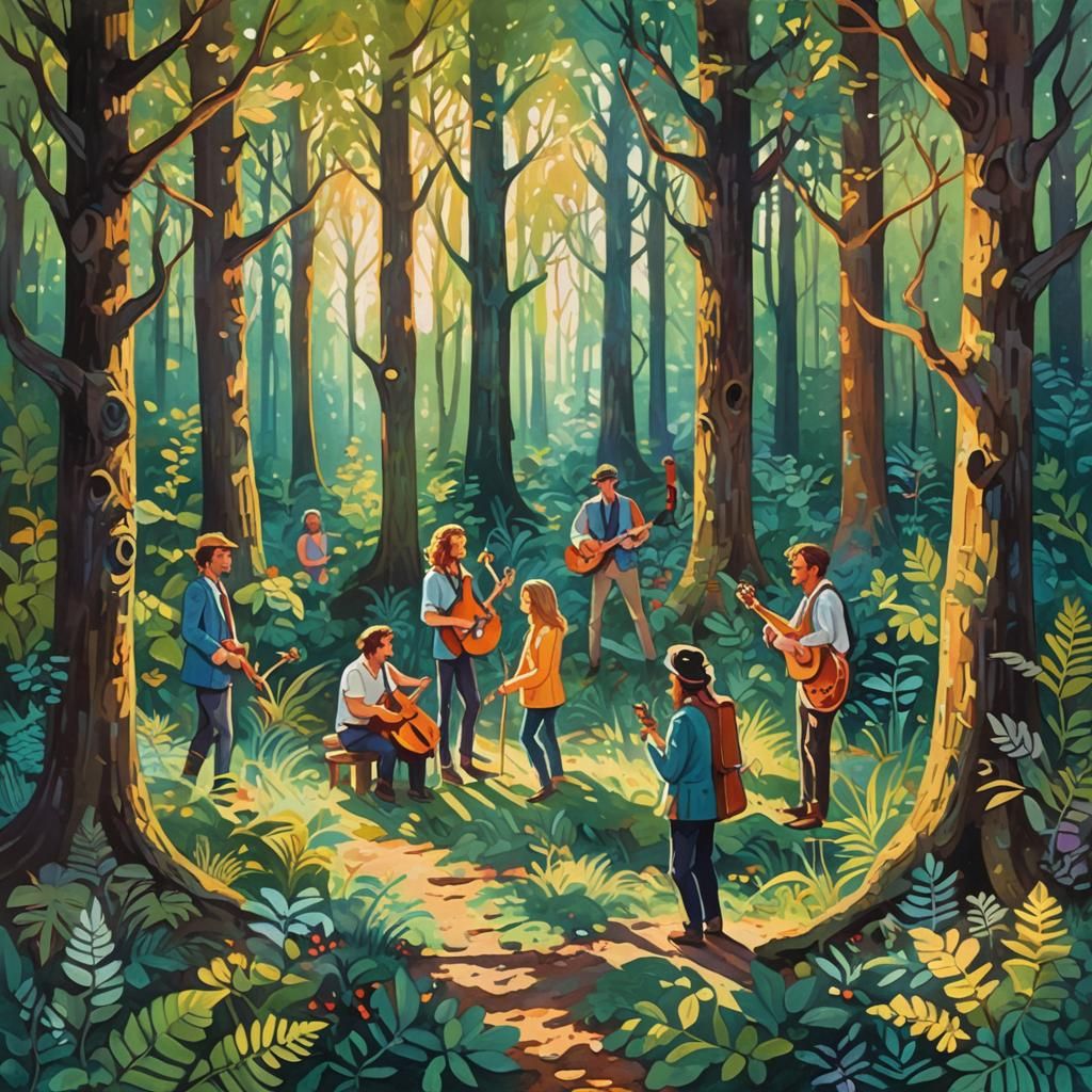 Fantasy Band Posing in Whimsical Forest: Gouache Style
