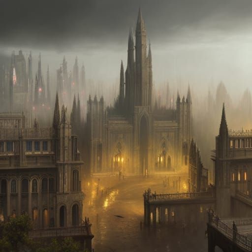 Detailed Dark Fantasy City Map in Gothic Art Deco