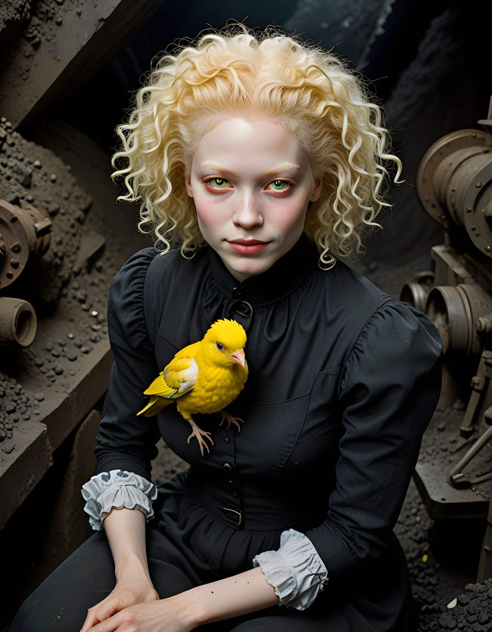 Albino Woman in Coal Mine with Canary