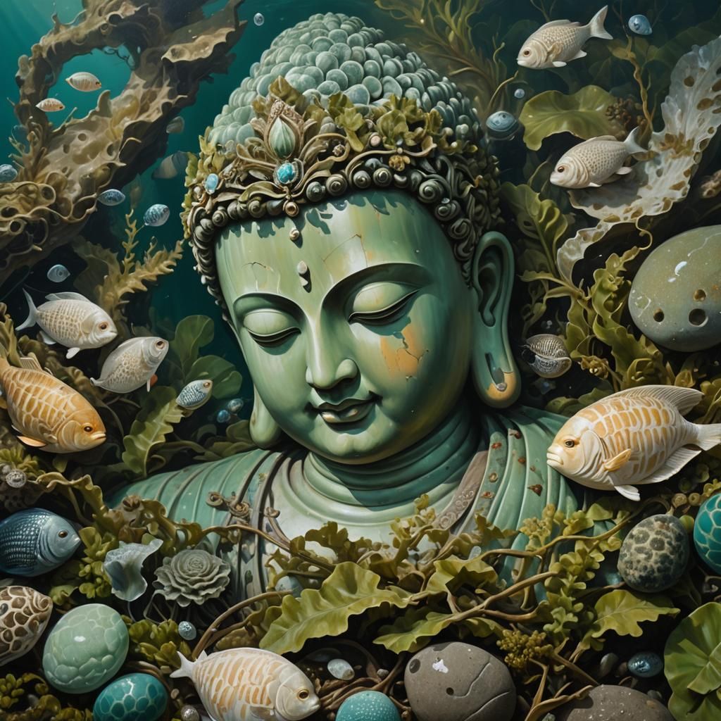 Underwater Stone Buddha in Baroque Oil Painting Style