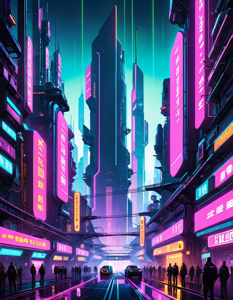 Cyberpunk Cityscape at Night with Neon Illumination