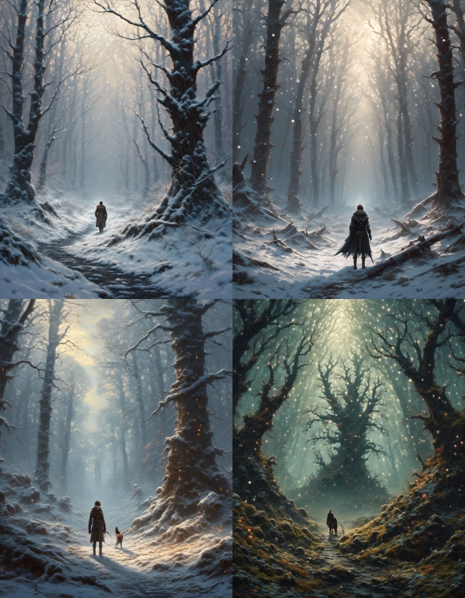 Knight and White-Haired Woman Kiss in Snowy Forest