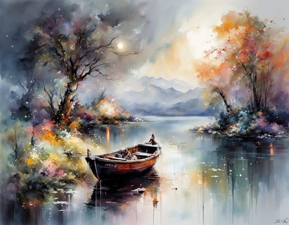 Ethereal Moonlit Lake in Oil Painting Style