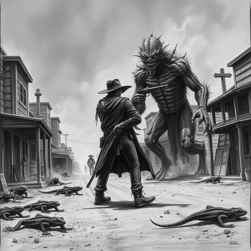 Gunslinger Confrontation in Wild West Charcoal Drawing