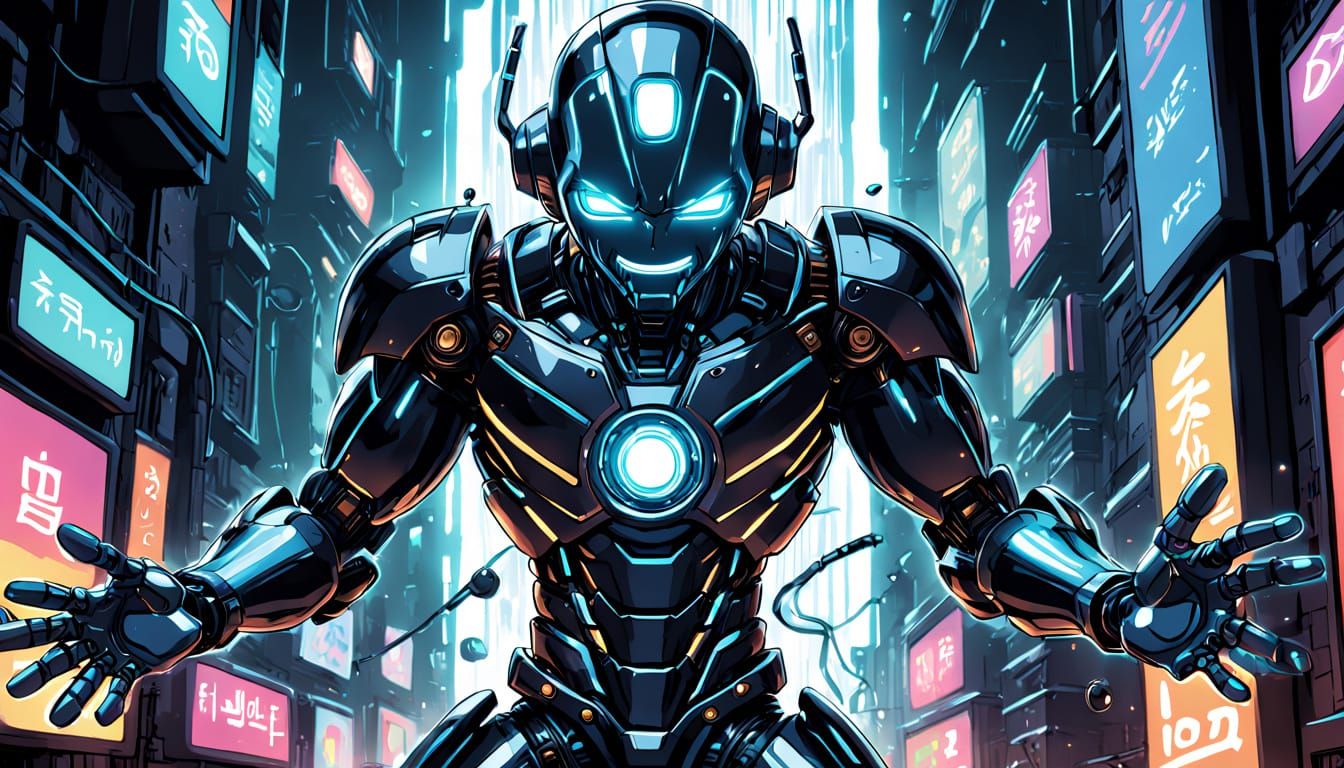 Android Boy in Hilarious, Exaggerated Laughter Pose