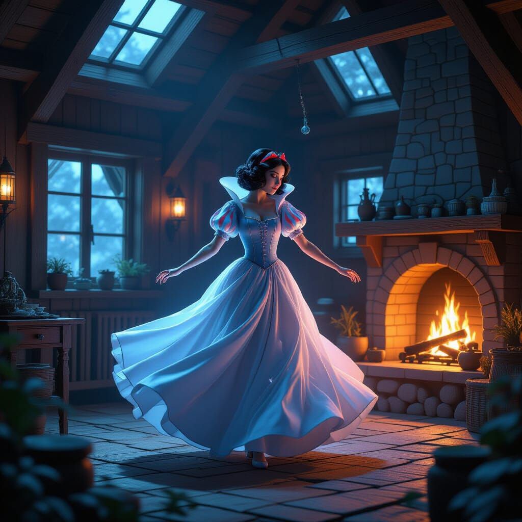 Snow White's Bioluminescent Dance in a Cyberpunk Cottage
