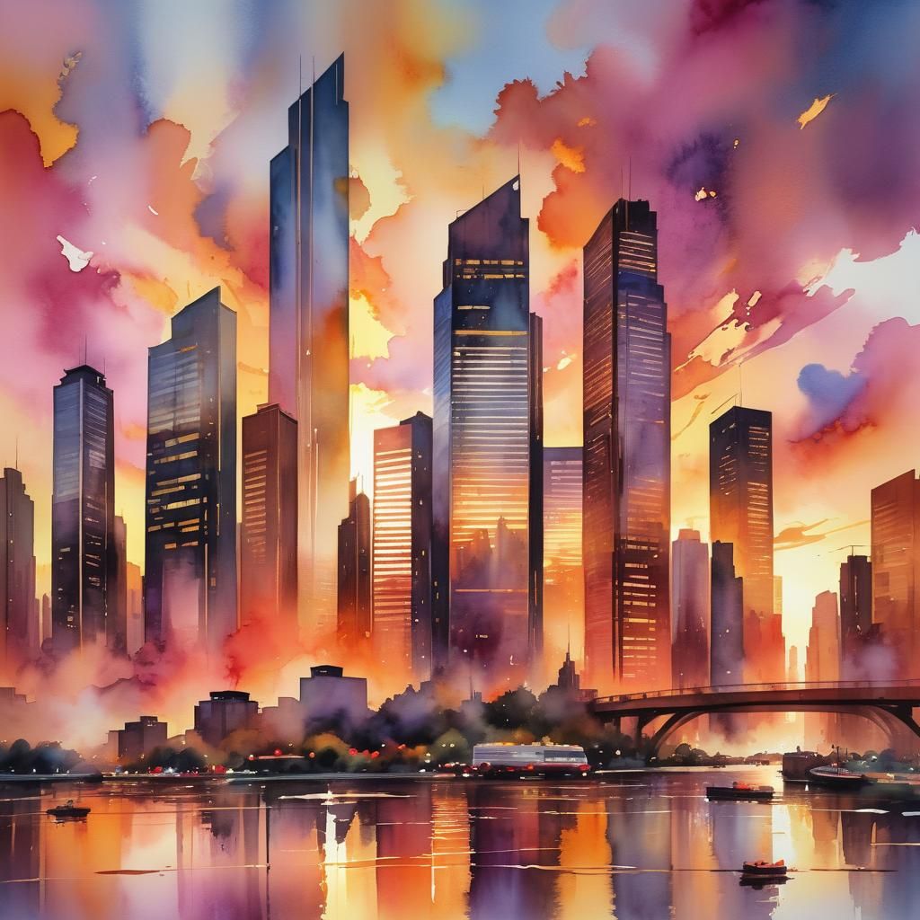 Vibrant Cityscape Sunset in Watercolor Style