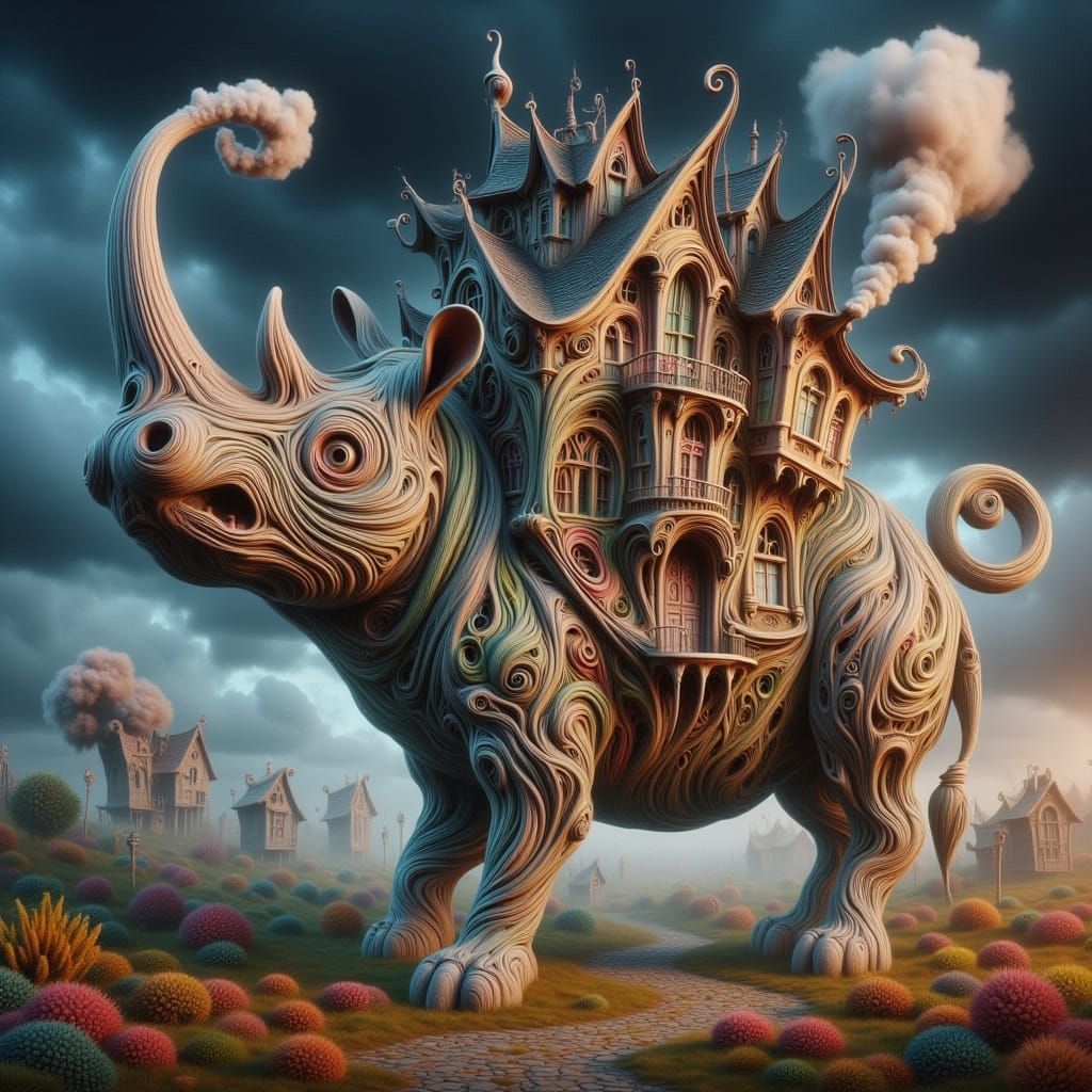 Whimsical Rhinoceros with Housing in Art Nouveau Style