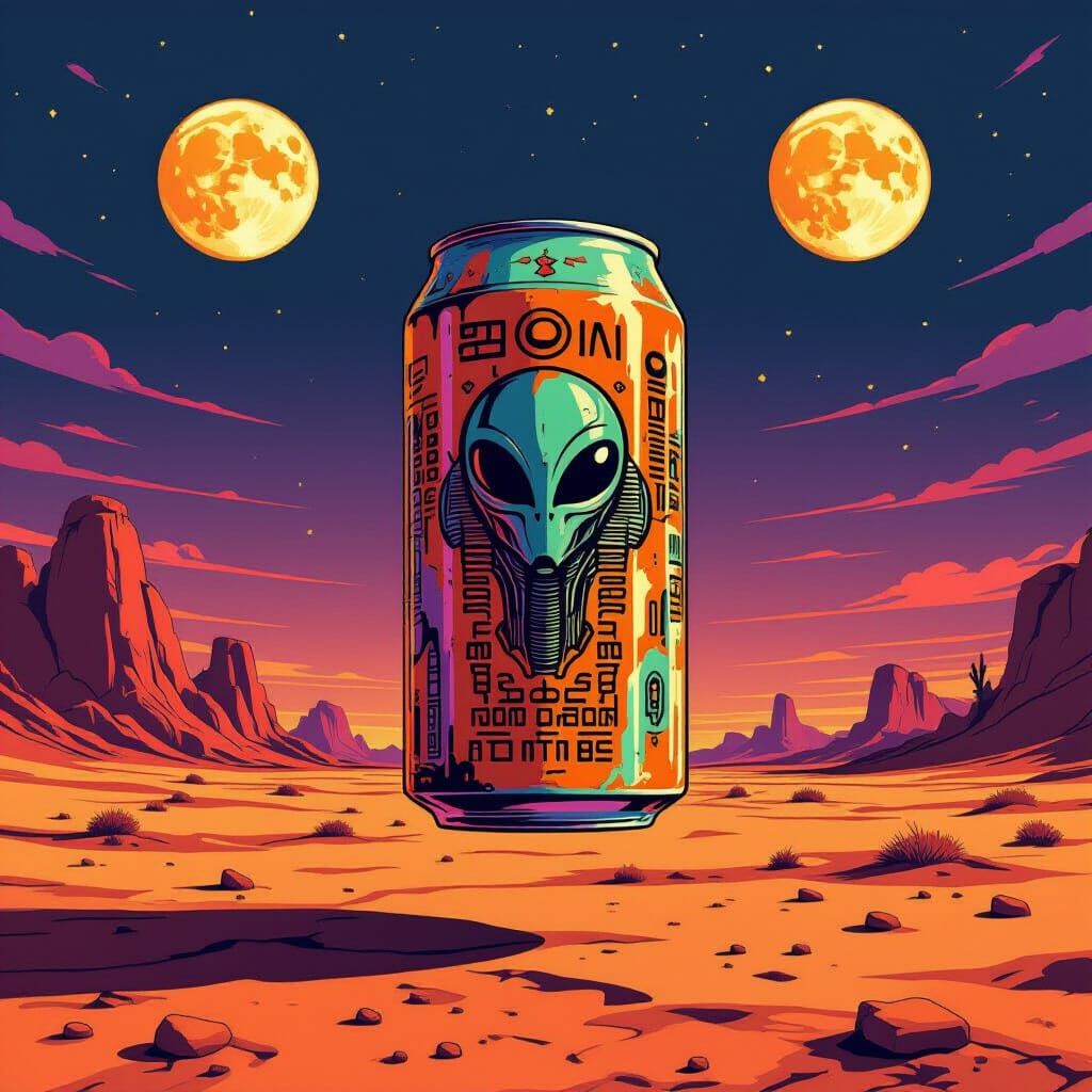 Retro-Futuristic Soda Can Levitates Over Alien Desert Landsc...