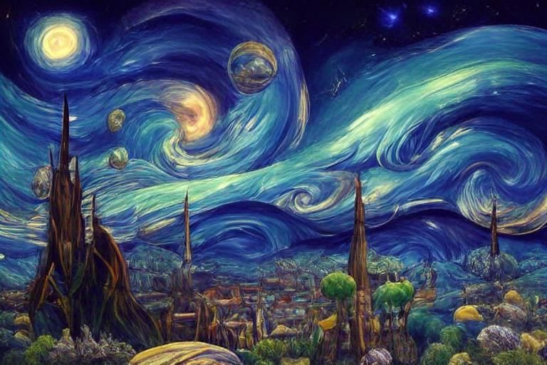 Futuristic Iridescent Starry Night in Sci-Fi Style