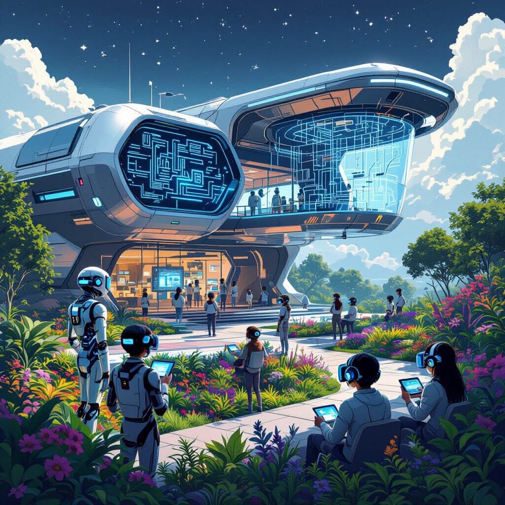 Futuristic Floating School with Robot Teachers and VR