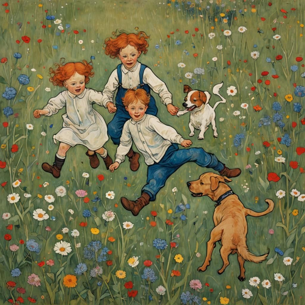 Siblings Play in Meadow: Abstract Expressionist Style