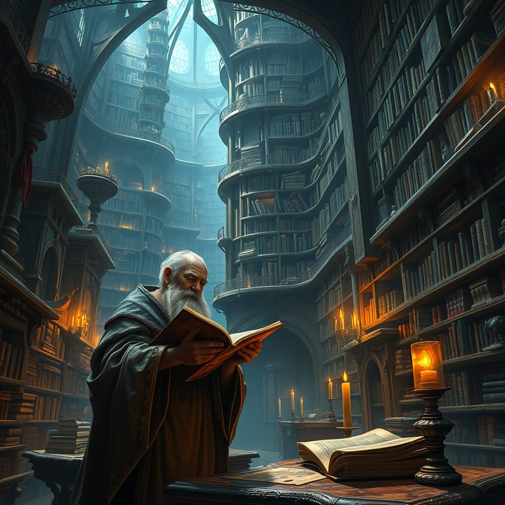 Fantastical Library with Scholar, Matte Painting Style