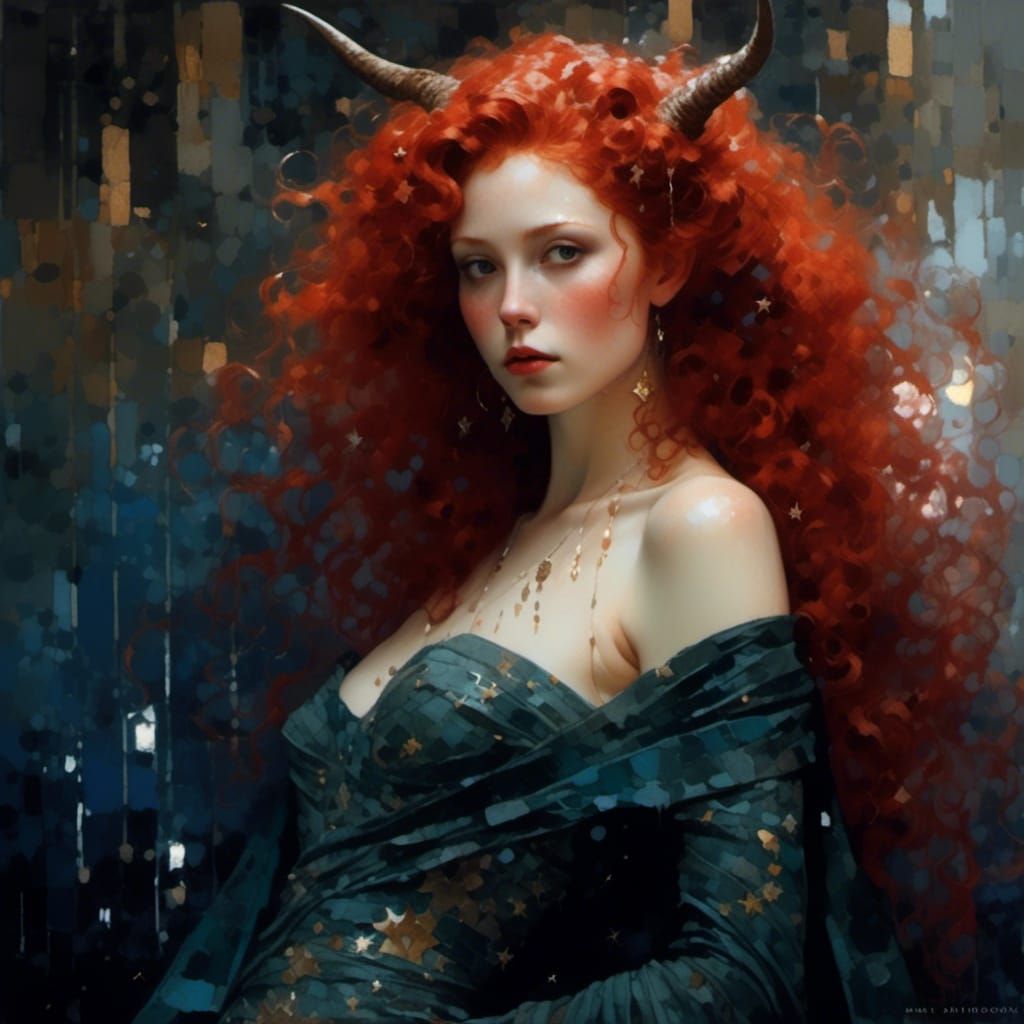 Red-Headed Horned Goddess in Pre-Raphaelite Style