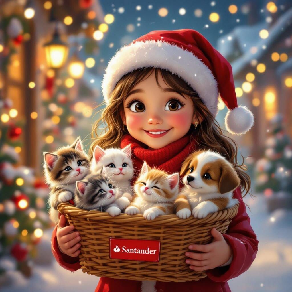 Christmas Eve Joy: Girl Receives Kitten and Puppy Basket