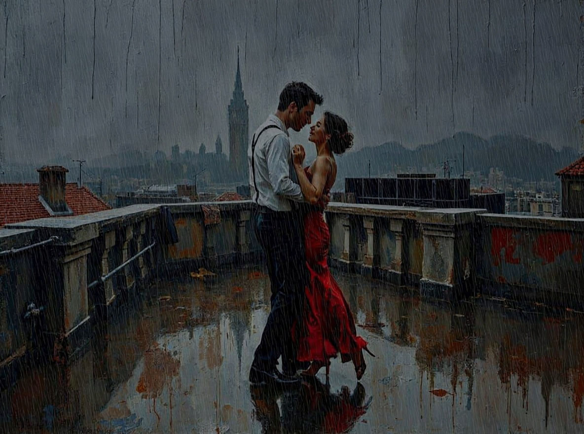 Impasto Tango Dancers on Rooftop in Rain