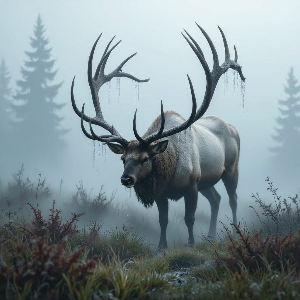 Mist Elk Grazing in Dark Fantasy Landscape