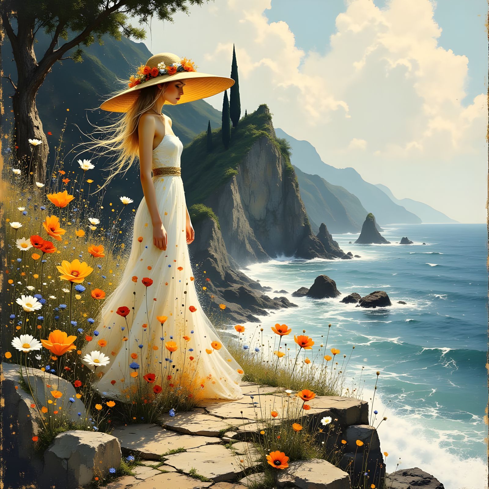 Woman in Wildflower Dress on Italian Coast