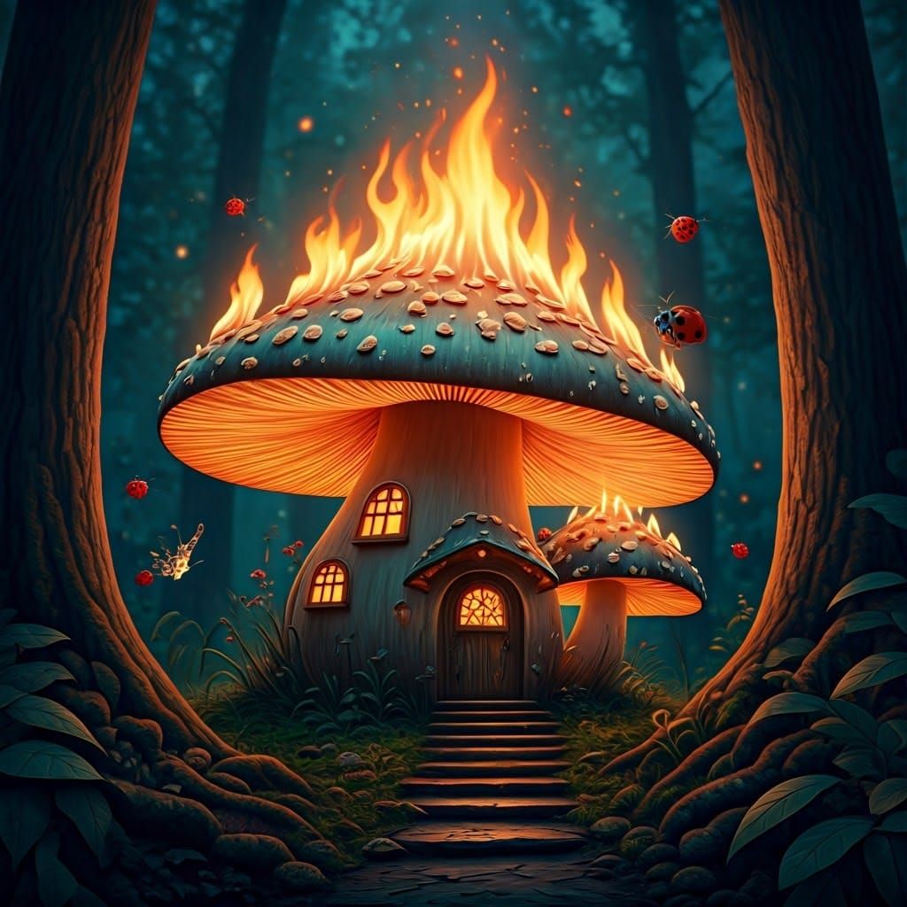 Fiery Mushroom House with Ladybugs in Fantasy Style