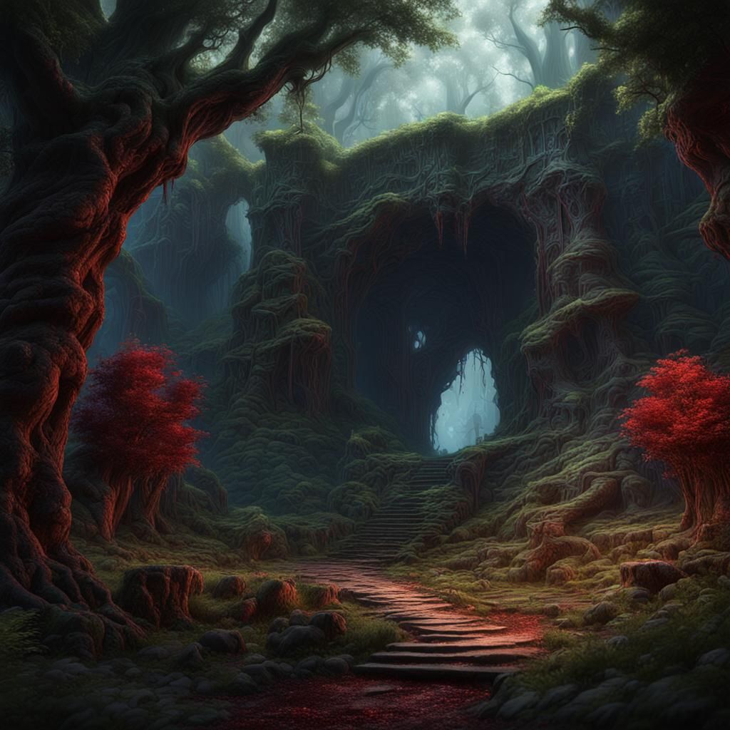Dark Fantasy Forest Cave Entrance with Blood and Bones