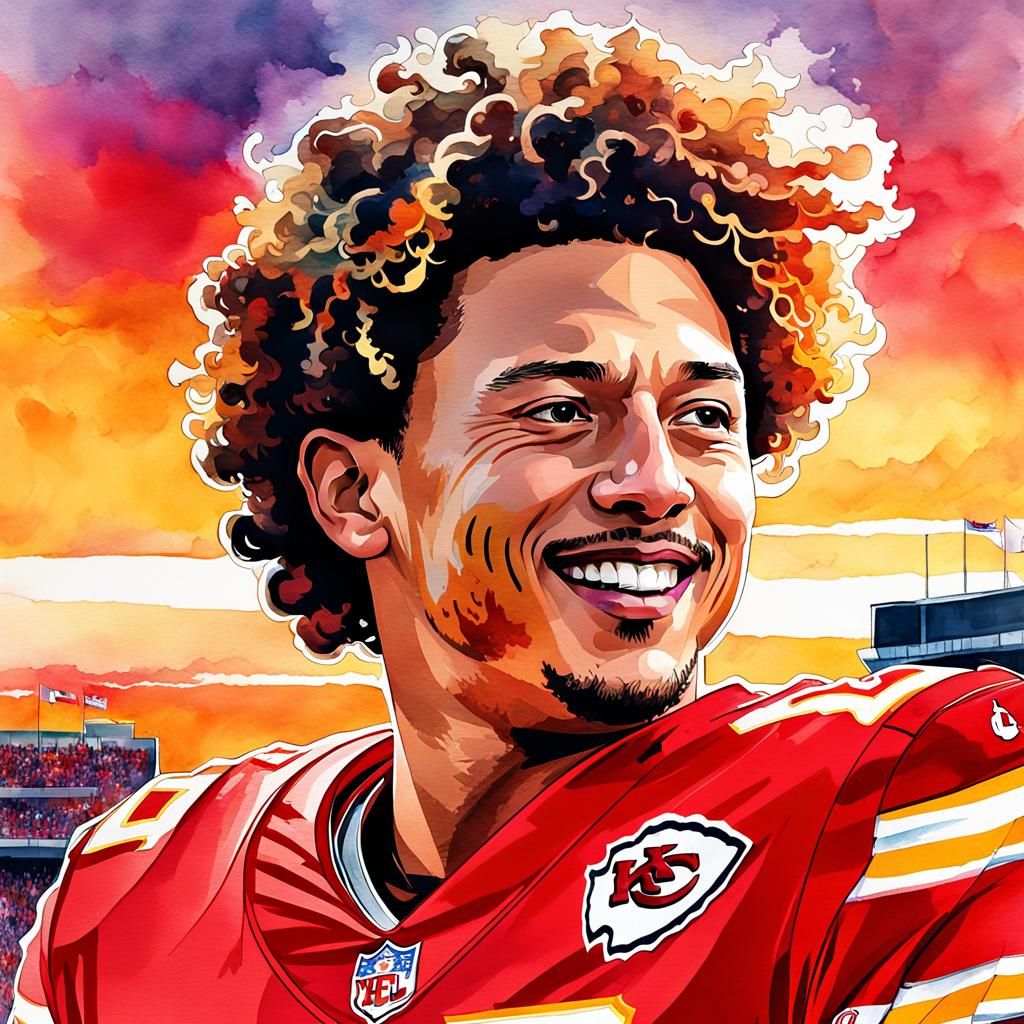 Patrick Mahomes Portrait in Digital Watercolor Style