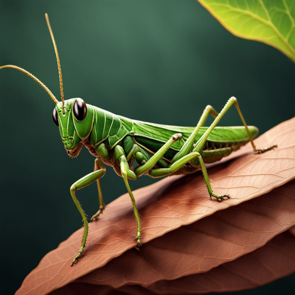 Macro Photo of Grasshopper on Leaf - Hyper-Realistic Detail