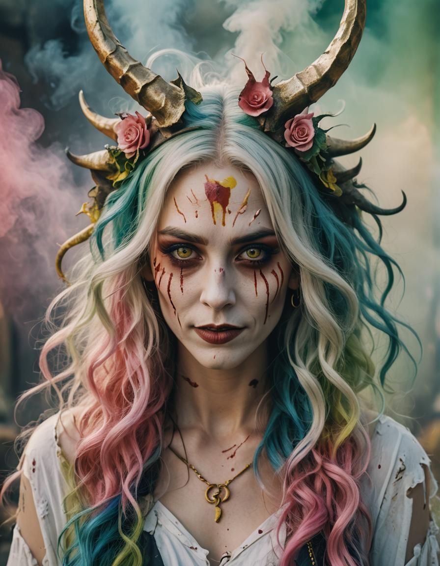 Surreal Woman with Horns and Colorful Hair