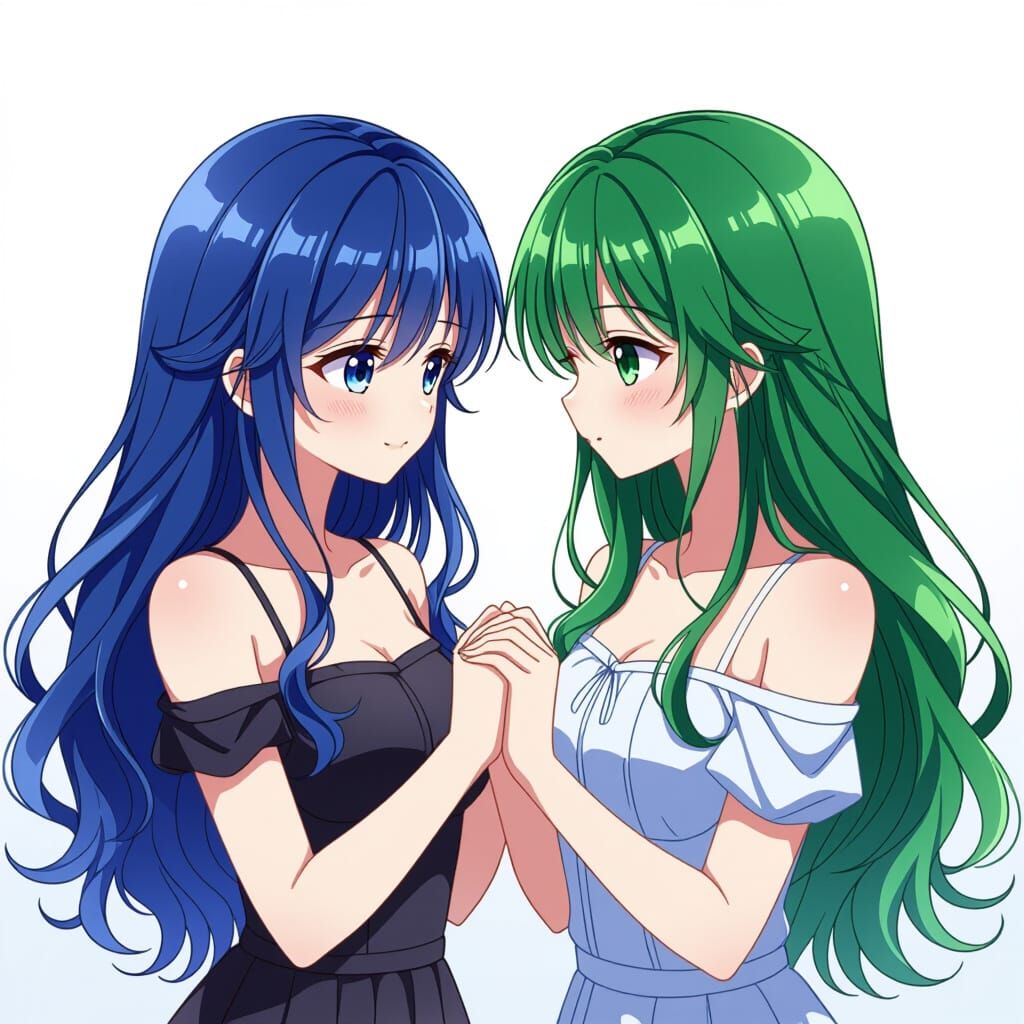 Anime Style: Blue & Green Haired Women Holding Hands Lovingl...