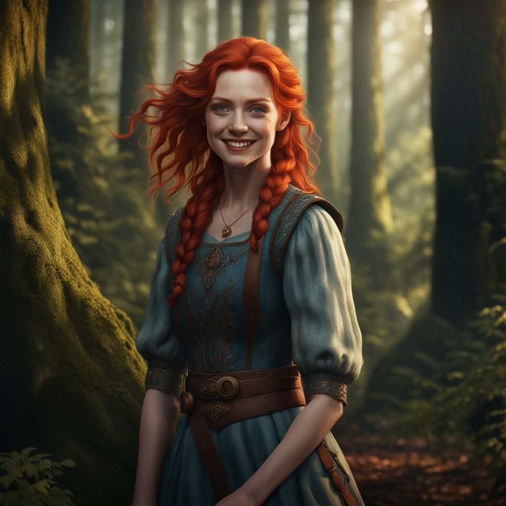 Redhead Woman Smiling in Forest, Digital Art