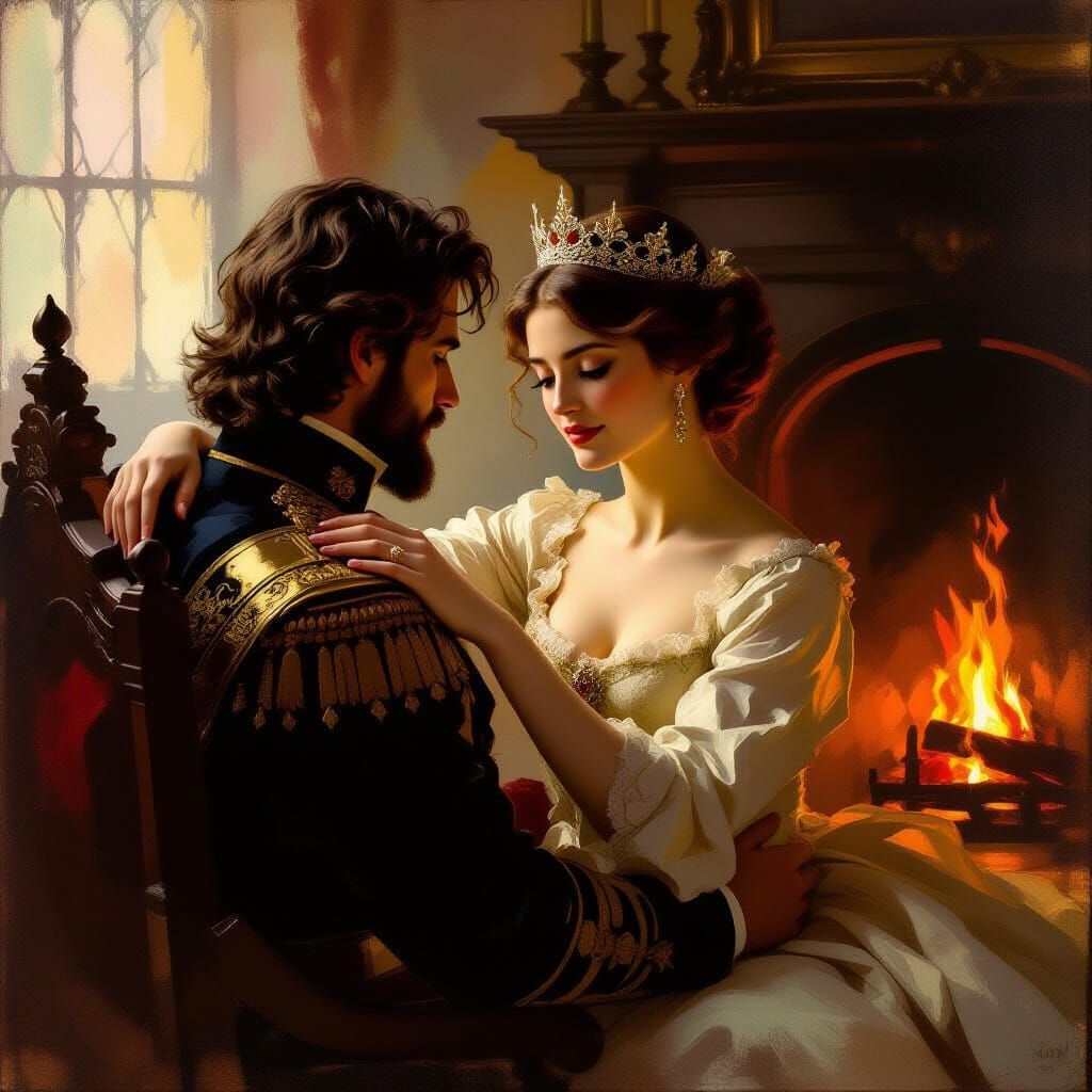Regal Queen Comforts King by Hearth in Romantic Realism Styl...