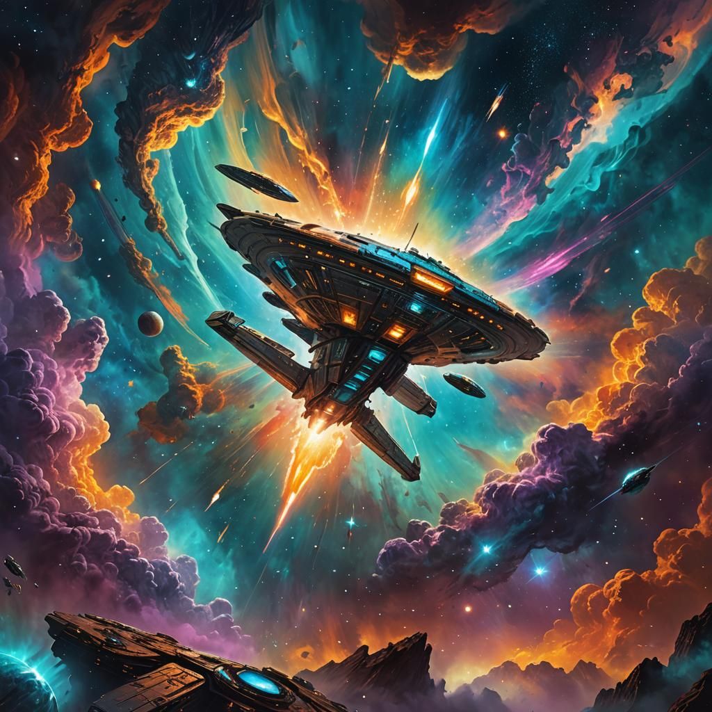 Colossal Spaceship Emerges from Nebula: Fantasy Art
