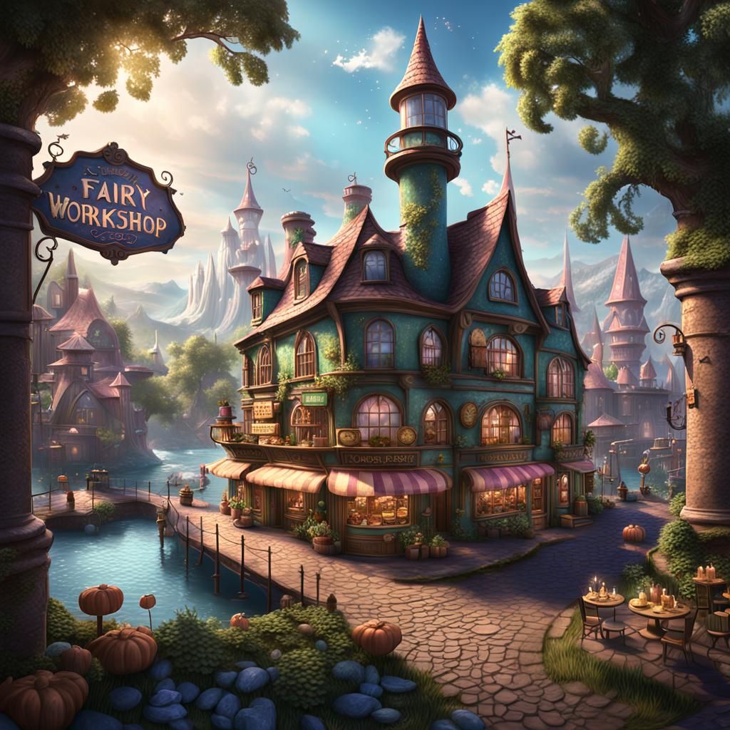 Fairy Workshop in Elven City: Fantasy Concept Art