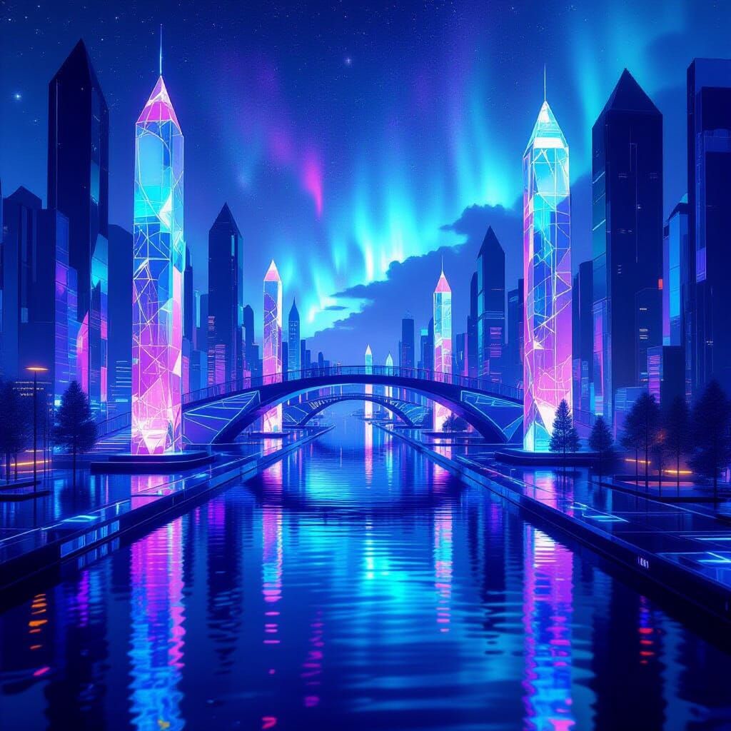 Futuristic Crystal Canal with Cosmic Auroras
