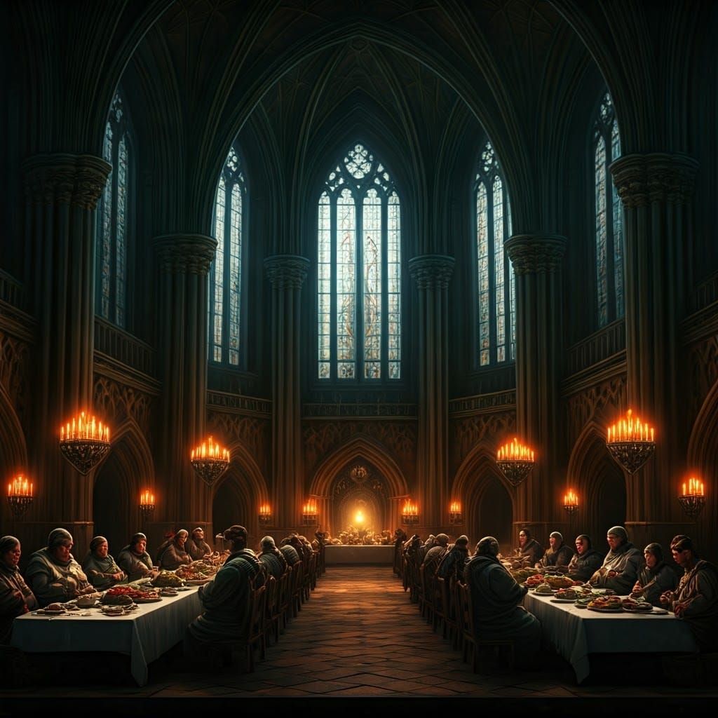 Extravagant Feast in Mystical Castle, Dark Fantasy Art
