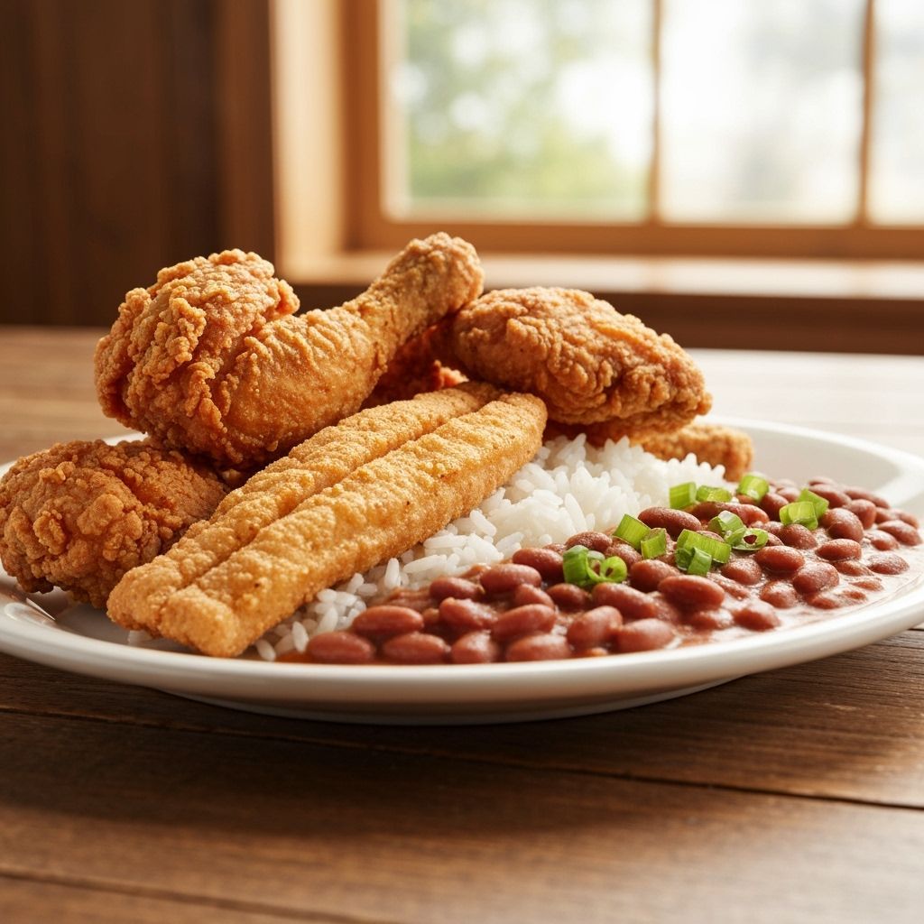 Mouthwatering Fried Chicken, Fish, and Beans Rice