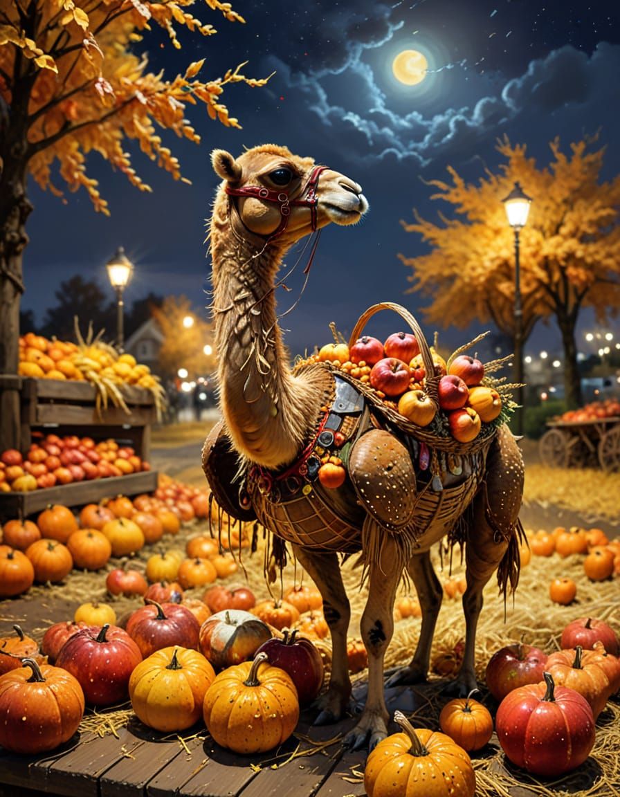 Steampunk Camel Amidst Autumn Harvest Bounty