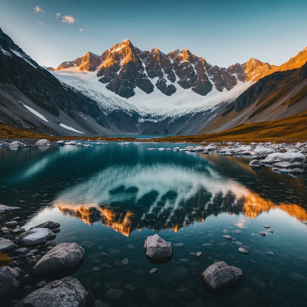 Glacial Lake Reflects Snowy Peaks in Golden Light