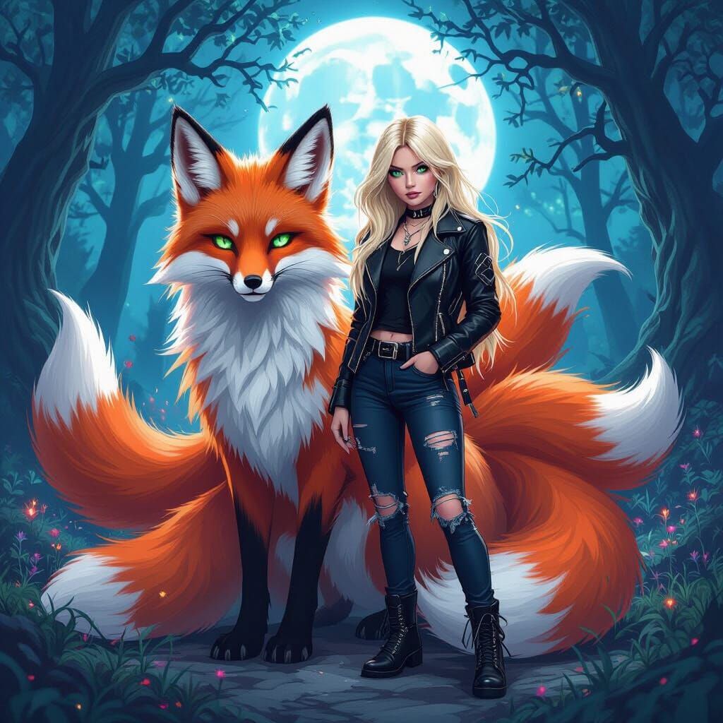 Avril Lavigne and Nine-Tailed Fox in Mystical Forest