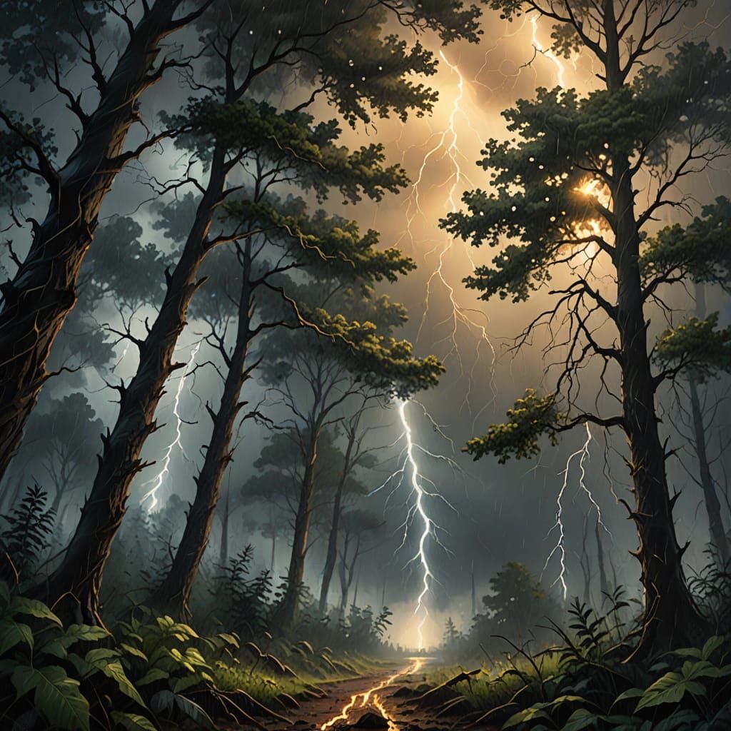 Dramatic Forest Thunderstorm in Dark Fantasy Style