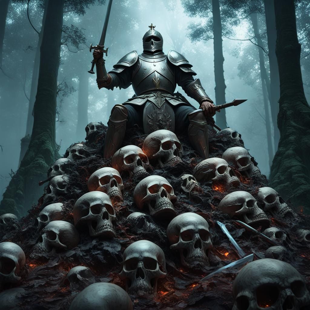 Knight on Skull Pile in Dark Fantasy Style