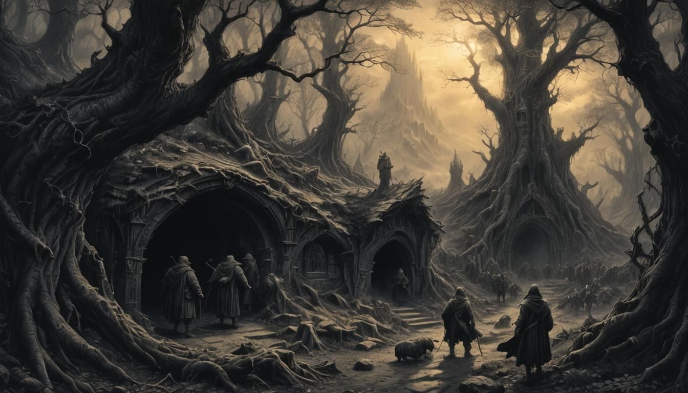 Hobbits Hiding from Nazgul, Dark Fantasy Masterpiece