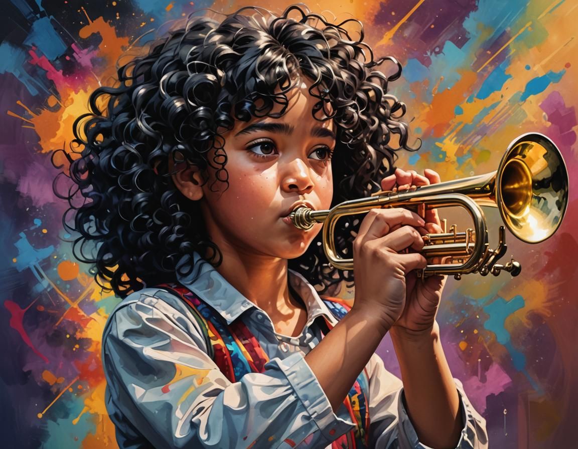 Girl with Trumpet: Hyperrealistic Splash Art Portrait