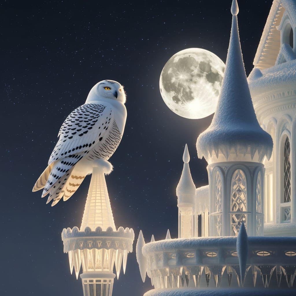 Snowy Owl on Moonlit Ice Castle in Gouache Style