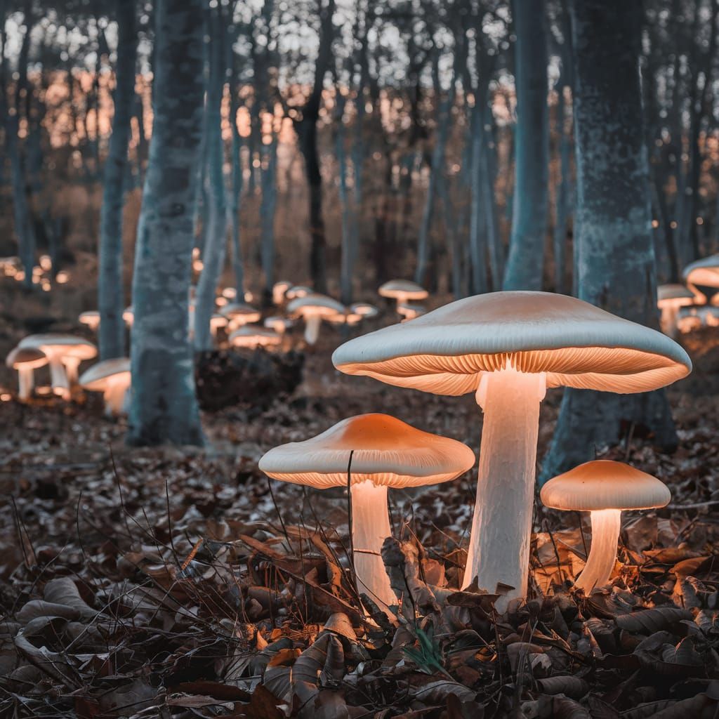 Glowing Mushrooms Illuminate a Forest
