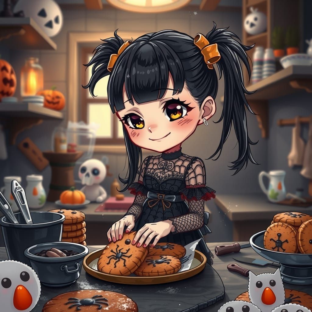 Chibi Goth Girl Baking Spooky Cookies